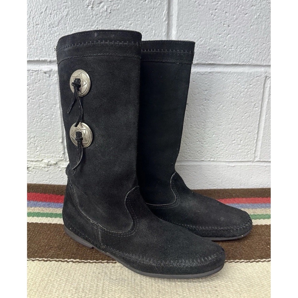 Vintage Women's Black Suede Moccasin Boots Silver Conchos / Women’s 9-9.5